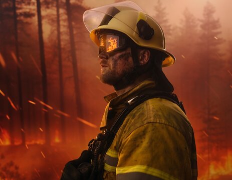 Brave Firefighter Standing Against a Forest Wildfire Background