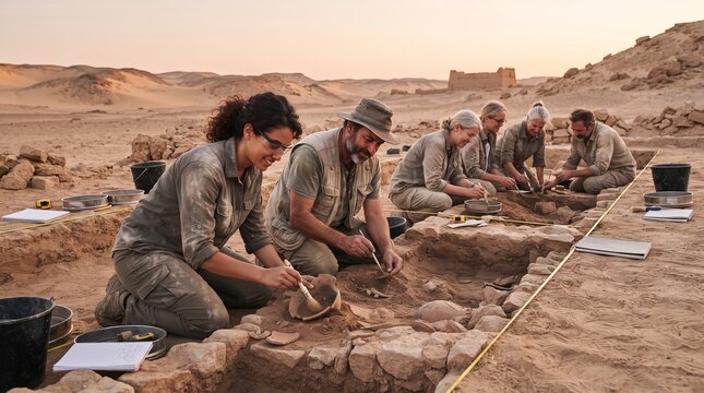 Group of archaeologists working together on an ancient desert excavation site at sunset.