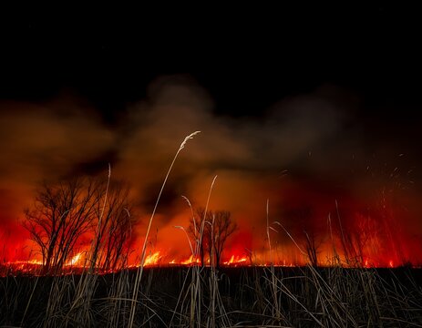 Nighttime Forest Wildfire Burning A Meadow Field