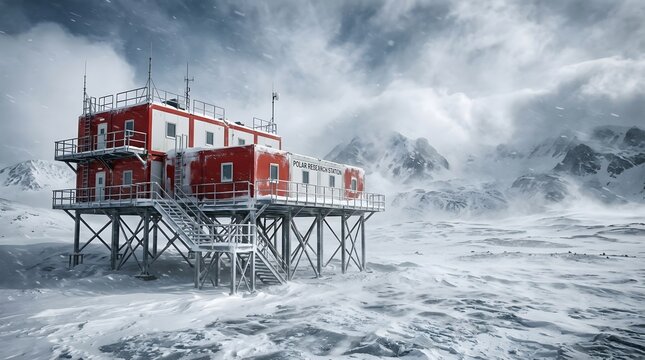 Red scientific research station standing on metallic stilts amidst a vast frozen landscape under a dramatic cloudy sky.