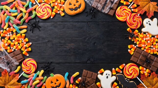 Halloween candy assortment with autumn leaves and spider decorations on dark wood