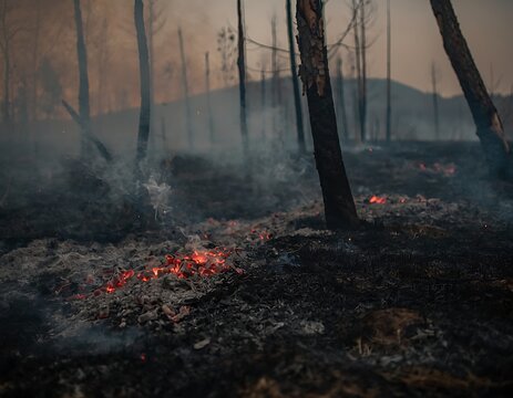 Smoldering Forest Floor After Wildfire with Glowing Embers