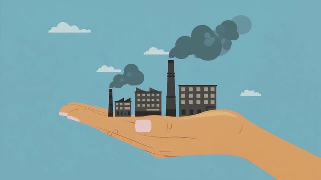 Hand Holding Industrial Factory Pollution Scene with Smoke and Emissions for Environmental Awareness Concept