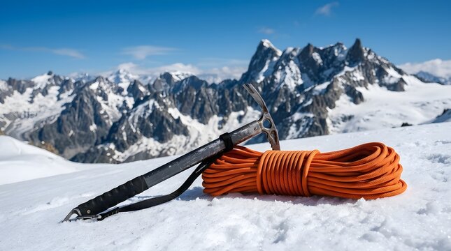 Mountaineering equipment including an orange textured rope and a black metal ice axe resting on bright white snow against jagged mountain peaks under bright natural daylight.