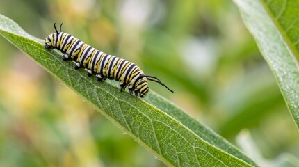 Naklejka premium Close up of black and yellow monarch caterpillar crawling along green leaf in natural garden.
