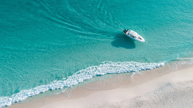 Aerial View of Turquoise Tropical Beach With Small Boat and White Sand Shoreline