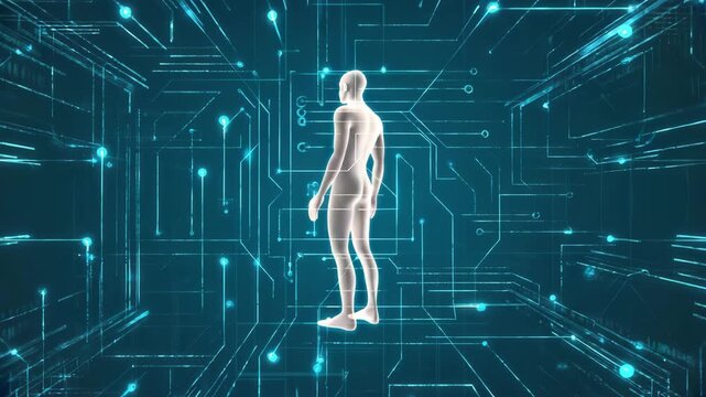 Futuristic Digital Human Surrounded by Circuit Network Representing Artificial Intelligence, Technology and Data Security
