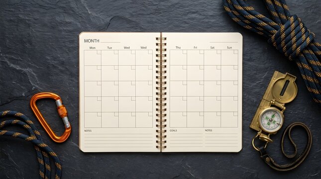 Climbing gear and an open notebook with blank calendar pages are arranged on a dark slate background.
