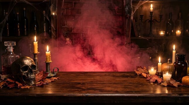 An eerie and atmospheric halloween background featuring a dimly lit mysterious scene with glowing candles and a haunting reddish glow perfect for spooky designs