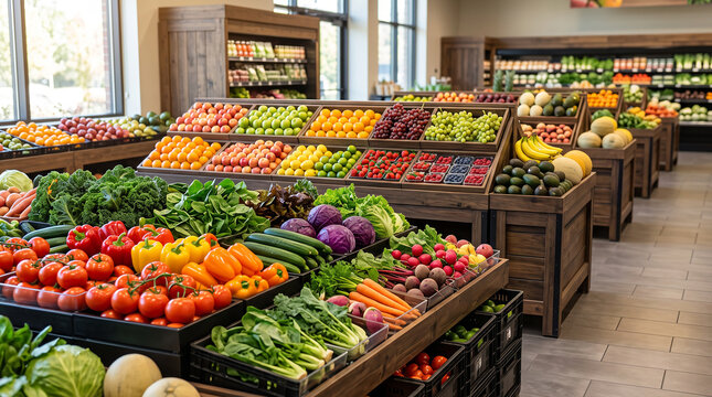 Fresh Fruits and Vegetables Displayed in a Modern Grocery Store Produce Section