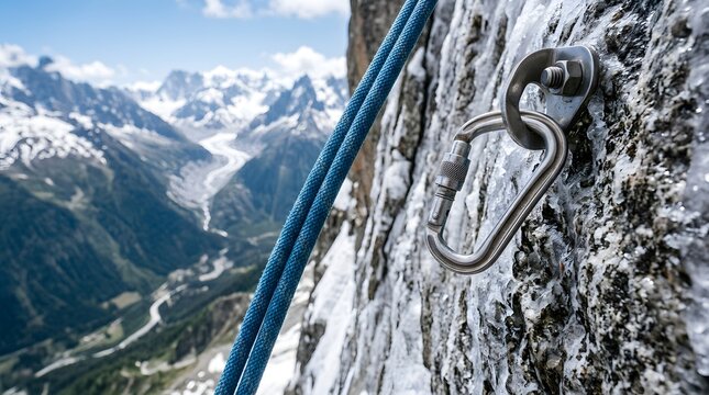 Carabiner and blue climbing rope are secured to a snowy rock face overlooking a vast mountain valley.