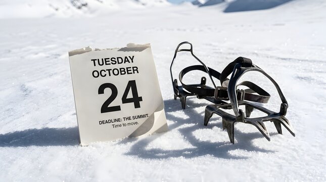 Crampons and a calendar page lie on bright snow in an alpine setting.