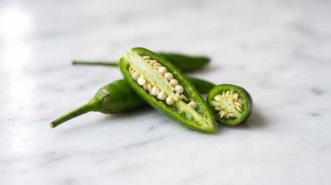 Fresh green chili pepper cut in half showing seeds on white marble surface