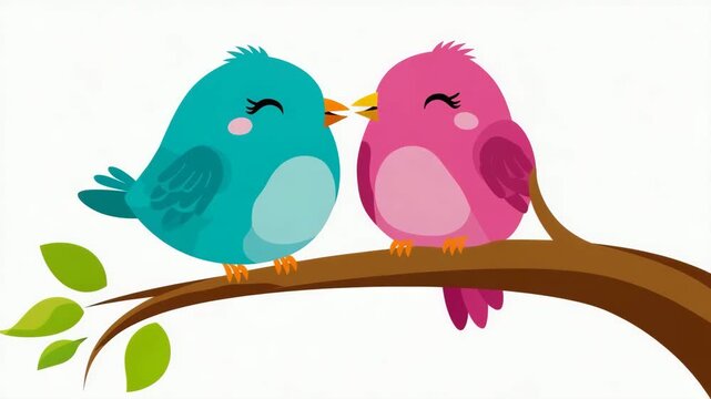 Colorful Cartoon Birds Perched Together on a Tree Branch Showing Affection