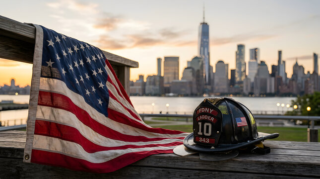 Firefighter helmet with American flag at sunset near modern city skyline during emergency response tribute