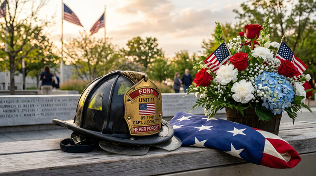 Firefighter helmet with American flag and memorial flowers at solemn tribute ceremony