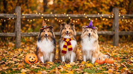 Fototapeta premium Three fluffy dogs in matching autumn scarves pose happily beside pumpkins under string lights.