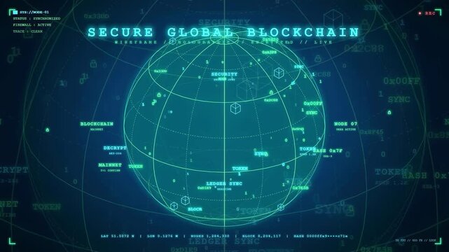 Digital Holographic Globe with Secure Global Blockchain Network and Data Processing Interface on Blue Background