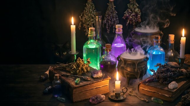 A cauldron with glowing potions and candles creates a mystical still life scene