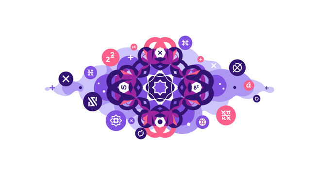 Abstract Mathematical Symmetrical Mandala with STEM Science Symbols and Geometric Shapes on White Background