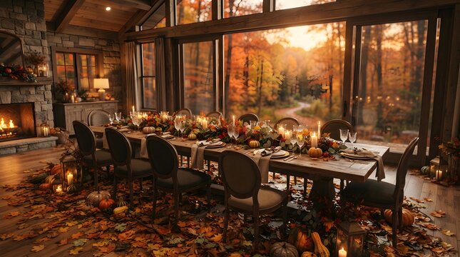 Cozy rustic dining room decorated for autumn