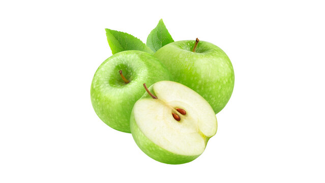 Vibrant green apples and a freshly cut half apple with fresh leaves, showcasing healthy organic fruit isolated on a clean white background, perfect for nutrition and fresh produce themes.