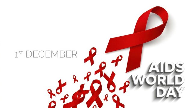 Multiple red ribbons with first december aids world day text on white background for global health awareness day.