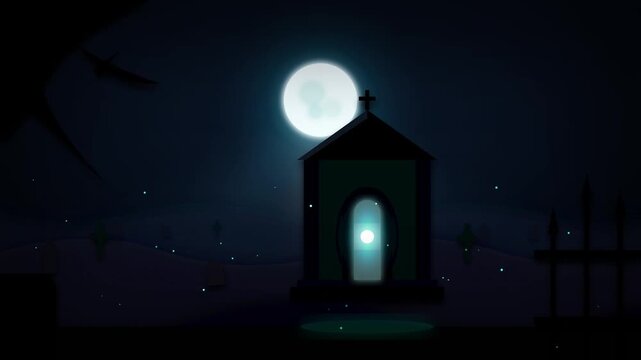Spooky Graveyard with Glowing Mausoleum at Night
