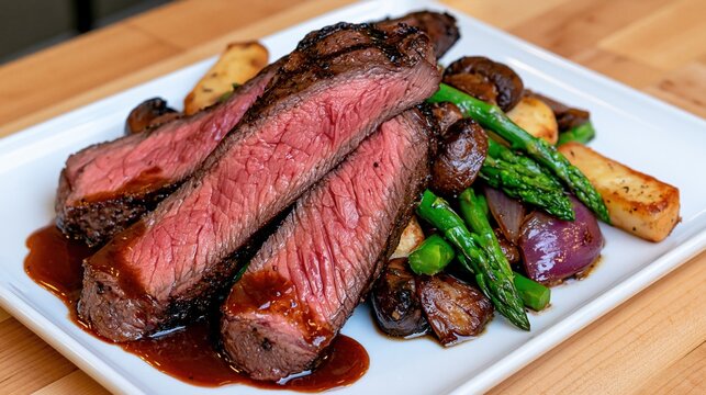 Juicy grilled steak sliced and served with roasted asparagus, mushrooms, and red onion on a white plate