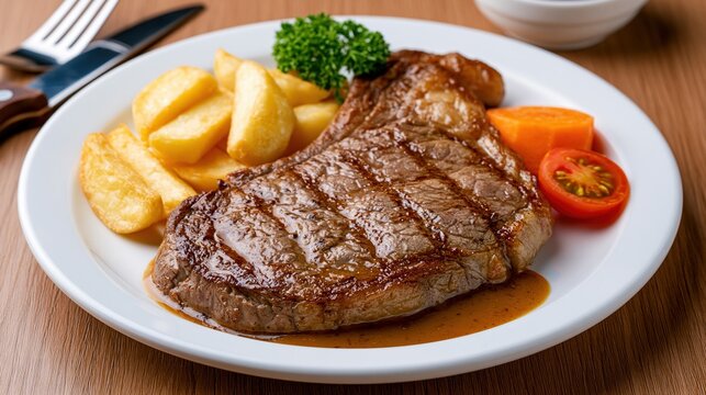 Juicy Grilled Steak with Crispy Fries, Carrots, and Tomato on a White Plate