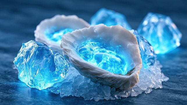 Mysterious glowing blue energy within oyster shell surrounded by ice shards on dark blue surface