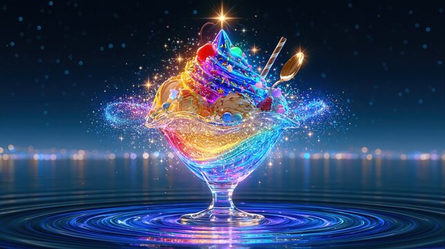 Magical Rainbow Ice Cream Sundae with Sparkling Lights and Water Ripples