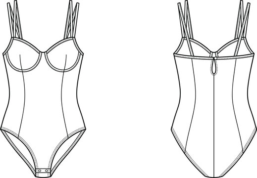 Women underwire corset bodysuit technical fashion flat sketch vector illustration front and back view mockup template.