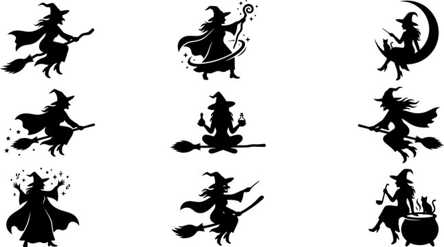 "Set of black silhouette witch stickers featuring flying characters casting spells or brewing magic potions for spooky halloween decorative designs"