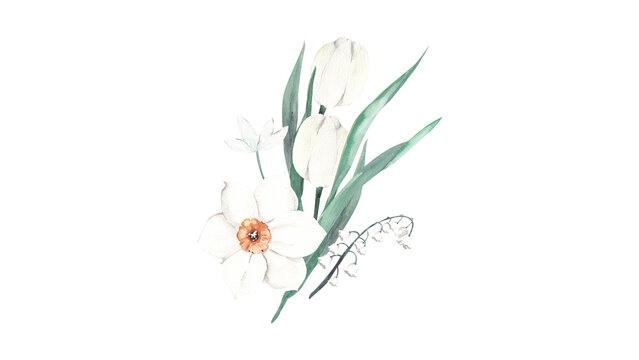 Watercolor Spring Flower Bouquet Illustration Featuring Delicate White Tulips Daffodils and Lily of the Valley 45