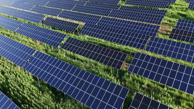 Aerial tracking shot flying left over modern solar panels farm array with green vegetation. Concept for renewable green energy, ESG sustainability, clean power technology, and future ecology.