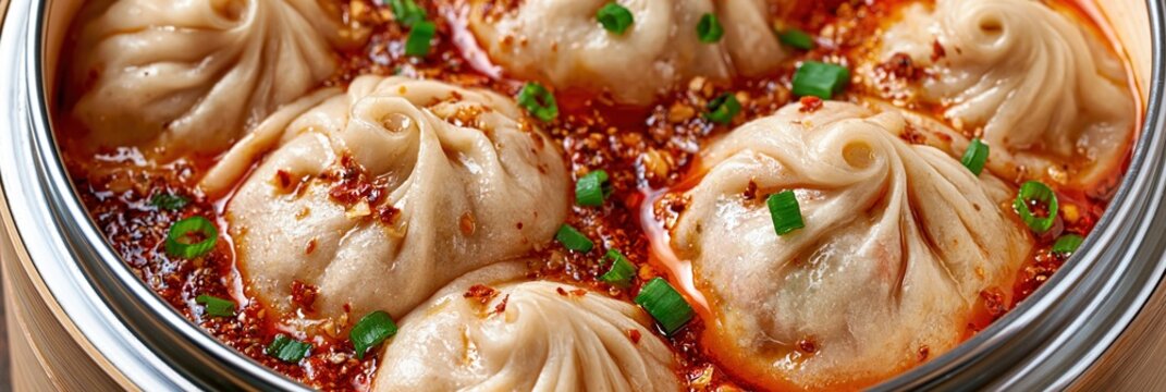 Steaming Hot Soup Dumplings in Spicy Chili Oil with Scallions