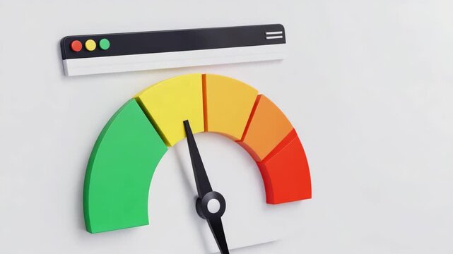 Colorful 3D Speedometer Gauge with Browser Window Representing Website Performance, Digital Analytics and Online Metrics