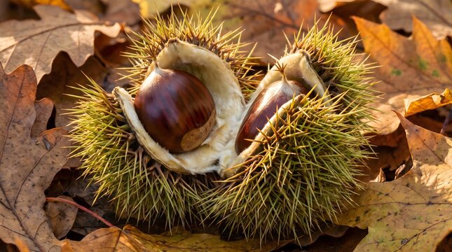 Ripe sweet chestnuts bursting from their spiky husks among fallen dry leaves in warm sunlight. Beautiful seasonal harvest and natural autumn forest background concept