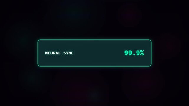Futuristic neural synchronization interface displaying a ninety-nine percent completion status on a dark glowing background