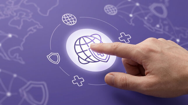 Global Security and Healthcare Concept with Human Hand Touching a Digital Shield Icon on a Purple Technology Background World Map Digital Interface