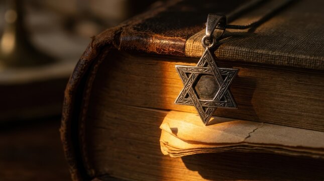 Star of David silver pendant resting atop vintage antique book pages featuring warm aesthetic morning golden lighting.