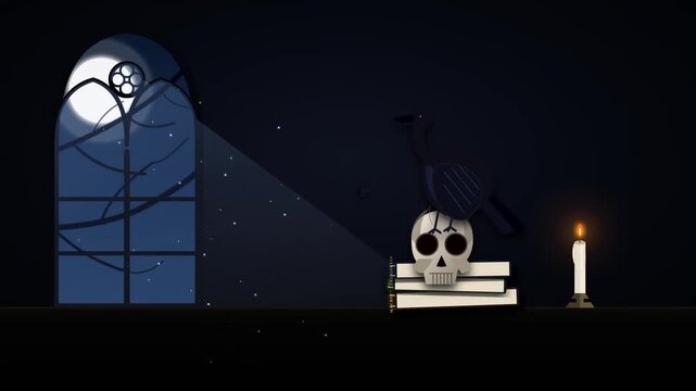 Mysterious Night Scene with Skull and Raven in Moonlight