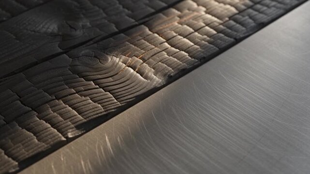 Light beam gliding across dark charred wood and brushed titanium texture in minimal interior
