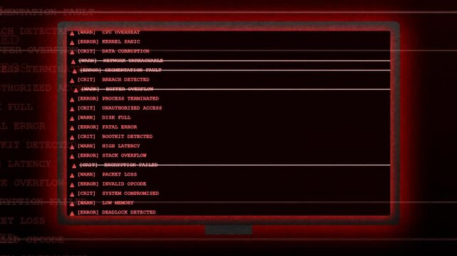 Digital screen displaying red system error messages and kernel panic warnings during a cyber attack