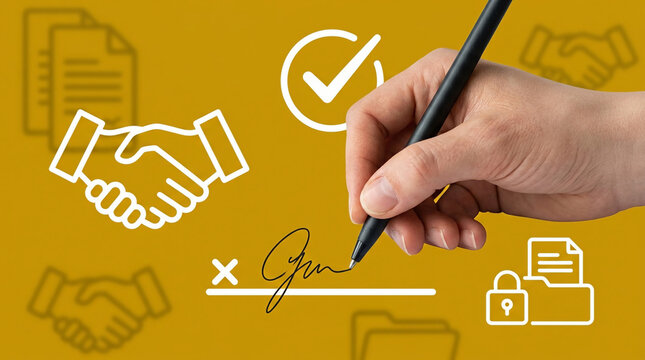 Close-up of a person's hand signing a legal document or contract on a yellow background with business icons like a handshake and checkmark.