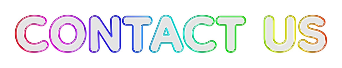 Contact Us 3D Glass Typography with Multicolor Rainbow Metallic Neon Border, Transparent Glossy Glass Text Effect, Vibrant Gradient Chrome Outline, Modern Luxury Contact and Customer Service Text  © Soapbeer