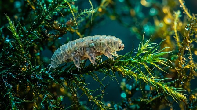 A microscopic tardigrade, also known as a water bear, slowly crawling on vibrant green moss in a detailed macro shot.