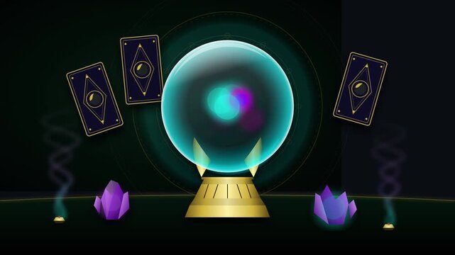 Mystical crystal ball with tarot cards and crystals for fortune telling