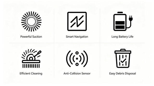 Line sweeping robot function icon, high suction power, long endurance, collision prevention, product selling point display on the sweeping machine supplier's detail page.
